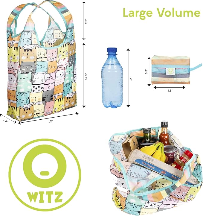 O-WITZ Reusable Grocery Bags | Vibrant Tote Bag For Groceries, Gym, Beach Gear, Toys & More | Washable Design With Large Handles For Maximum Convenience | Folds Into A Small Pouch, 3 Pack, Cats