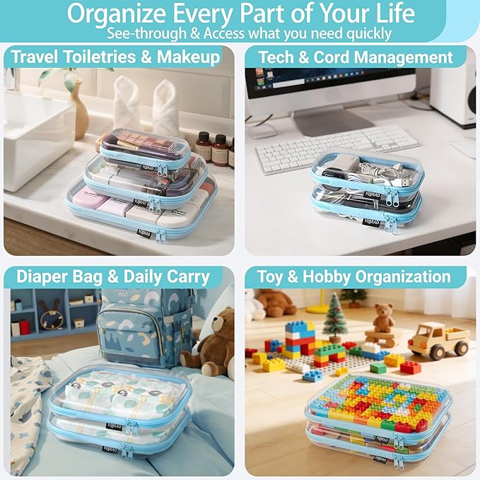 YQBRAO 3-Pack Large Clear Hard Shell Zipper Case, 1.2mm Rigid Toy & Cosmetic Bags, Heavy-Duty Diaper Bag Pouch Set with YKK Zippers, Waterproof Travel & Makeup Storage (Blue)