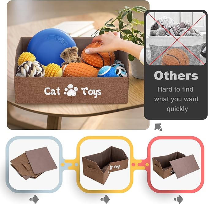LOVSTORAGE 2X Thicker Large Cat Toy Bin - Collapsible Box, Sturdy Basket, Kitten Storage Bed for Organizing Toys, Treats, Clothes and Accessories (Brown)