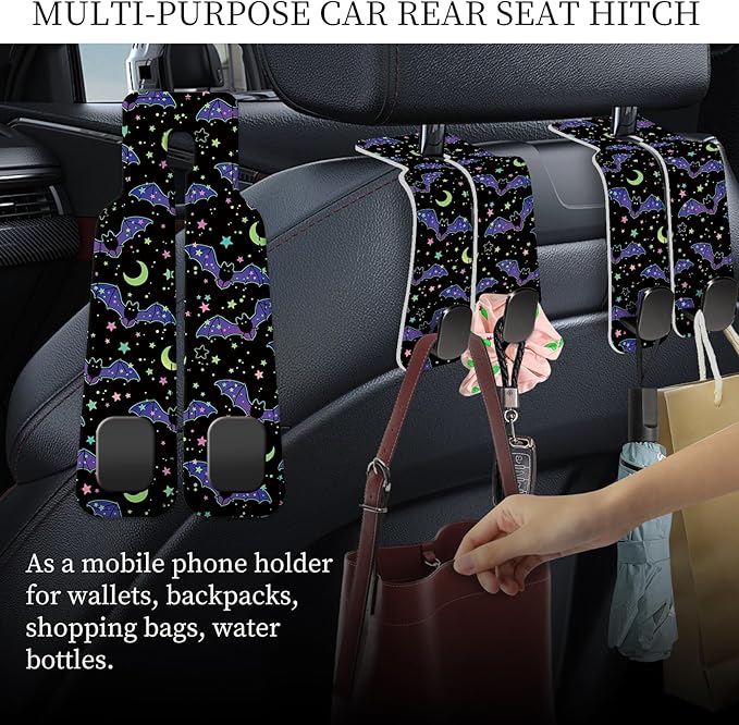 PU Leather Car Seat Hook, Storage Headrest Hanger, Cute Car Backseat Organizer, Car Hooks For Purses and Bags Purple Bat Moon