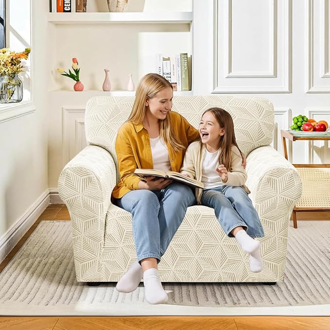 YEMYHOM 1 Piece Stretch Chair Sofa Slipcovers Couch Covers for 1 Seat, Jacquard Armchair Covers with Non-Slip Elastic Bottom, Thickened Furniture Protector for Dogs Pets kids (Small, Beige）