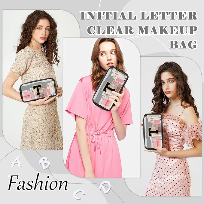 Personalized Initial Letter Clear Makeup Bag,Preppy Small Nylon&PVC Cosmetic Zipper Bag with Chenille Letter,Travel Skincare Toiletry Bag,Monogram Christmas Gift for Teen Girls Women,T