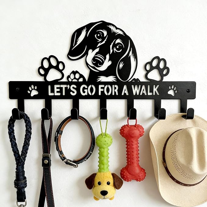 Dachshund Key & Dog Leash Holder for Wall, 7-Hook Wall Dog Storage Organizer for Entryway, Hallway, Front Door, Kitchen, Small Black Key Rack, Wall-Mounted Key Hanger, Dachshund Gifts & Decor