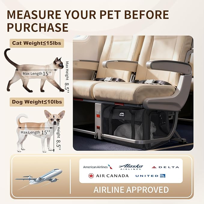 TSA Approved Pet Carrier for Small Cats and Puppies, Soft-Sided and Foldable, Cat and Dog Carrier Fits Pets Up to 15 lbs, Durable Portable Travel Bag with Litter Box (Black, Litter Box & Leash Set)