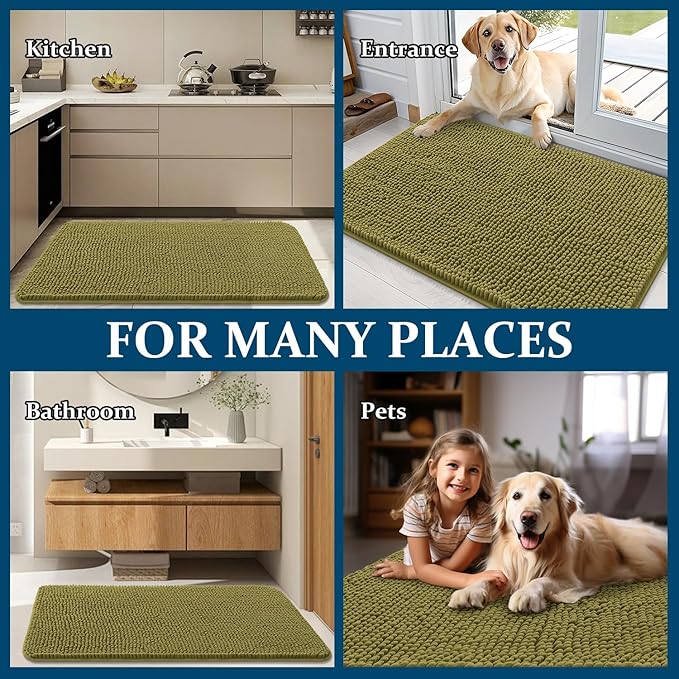 OLANLY Dog Door Mat for Muddy Paws 59x20, Absorbs Moisture and Dirt, Absorbent Non-Slip Washable Doormat, Quick Dry Chenille Mud Mat, Entry Indoor Entryway Carpet for Inside Floor, Willow Green