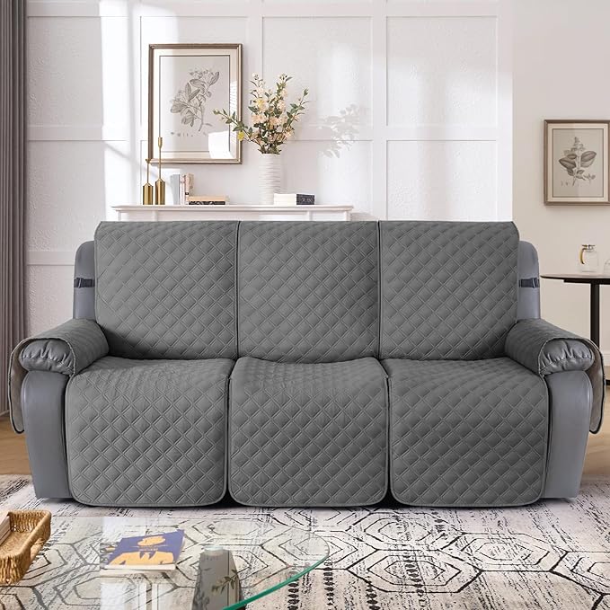 TAOCOCO 100% Waterproof Recliner Couch Covers, Recliner Sofa Covers with Leg Straps, 1-Piece Washable Reclining Sofa Cover with Pocket Couch Protector for Pets Kids(3 Seater, Grey)
