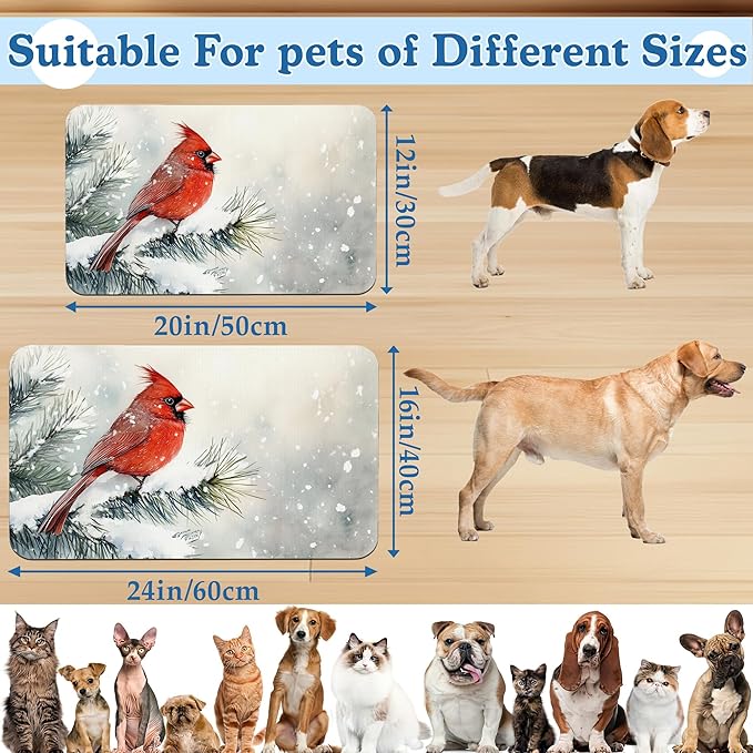 Cardinal Bird Dog Food Mat–Chirstmas Snow Absorbent Quick Dry Feeding Placemat for Food and Water Bowls, Non Slip Rubber Backing, Waterproof Pet Supplies for Mess-Free Eating 12"x20"