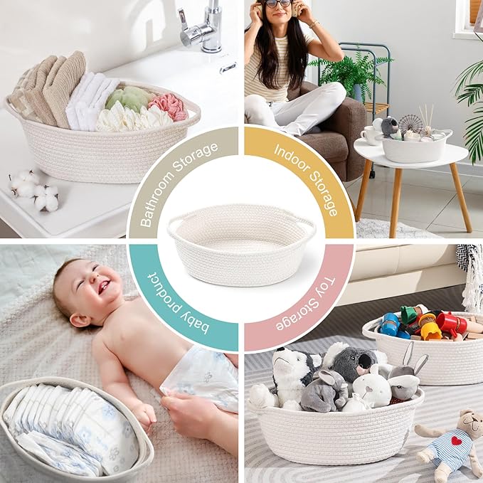 LANDNEOO Small Woven Basket with Gift Bags and Ribbons, Empty Decorative Gift Chest Box, Cute Baby Gift Basket for Nursery, Cotton Rope Room Shelf Storage Basket with Handles, 12"x 8"x 5",White