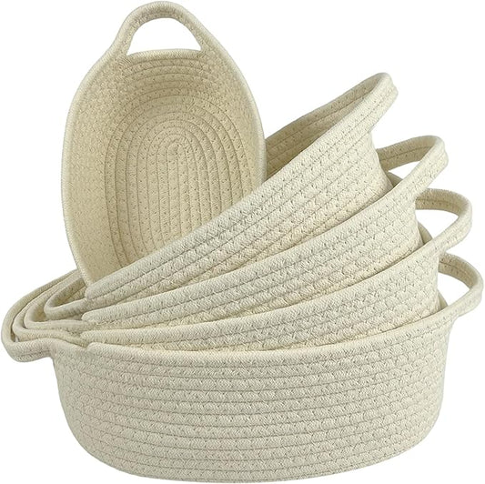 5-Piece White Rectangle Storage Basket Set, Woven Rope Sturdy Cotton Organizer Bins for Shelves, Pantry, Bathroom, Nursery & Bedroom Decor Small Organizer Bins (Beige)