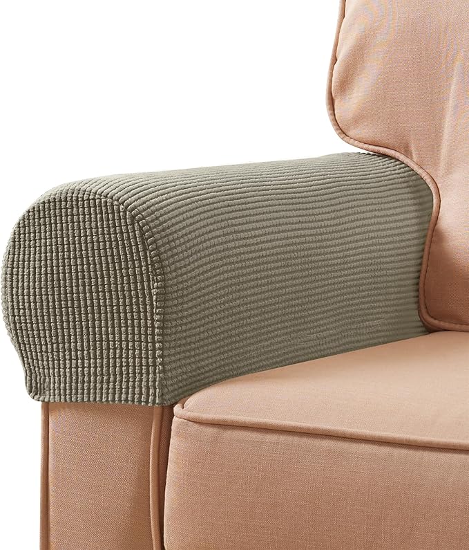 SUBRTEX Stretch Couch Arm Covers Set of 2, Checkered Sofa Arm Slipcovers, Anti-Slip Armrest Covers for Recliner and Armchairs, Pet Proof, High Stretchy, Hook & Loop Tape, Olive Green