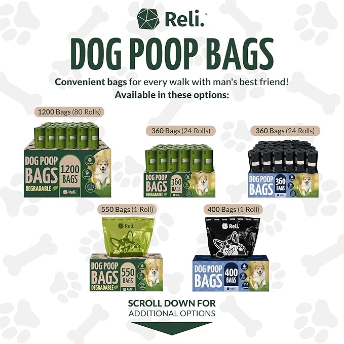 Reli. Biodegradable Dog Poop Bags w/Holder (360 Count - 24 Rolls) | 9x13" Large Dog Bags for Poop w/Dispenser | Green Eco-Friendly | Oxobiodegradable Pet Waste Disposal Refills (Unscented) (Pack of 2)