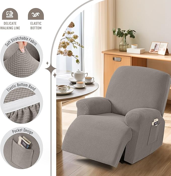 TAOCOCO Recliner Cover 4-Pieces, Recliner Stretch Sofa Slipcover, Recliner Cover 1 Seat, Couch Protector Soft, Furniture Protector Covers with Elastic,Chair Covers Jacquard Pattern (Pale Brown)