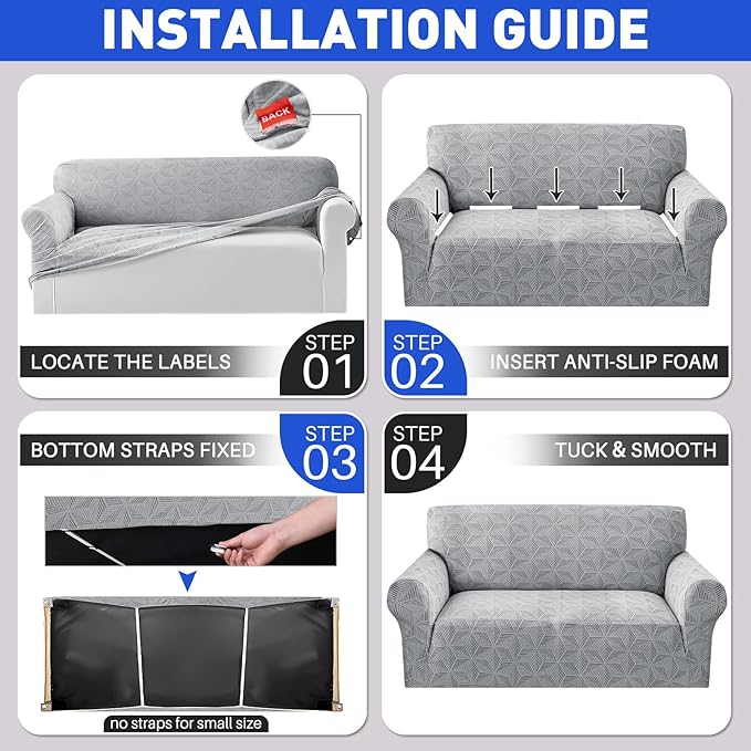 YEMYHOM 1 Piece Stretch Couch Covers for 3 Cushion Couch, Jacquard Sofa Cover with Non-Slip Elastic Bottom, Thickened Slipcover Furniture Protector for Dogs Pets (Large, Light Gray)