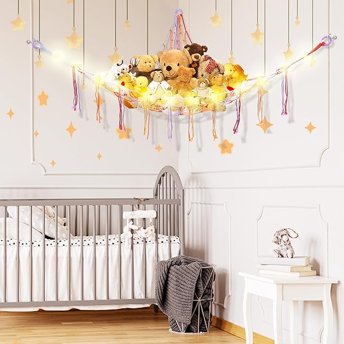 CERETIA Stuffed Animal Hammock with LED Light, Large Stuffed Animals Storage Corner Plushie Net for Kids Room Decor, Rainbow