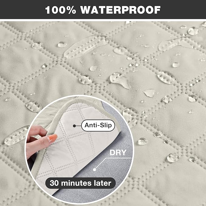 TAOCOCO 100% Waterproof Recliner Chair Cover Non-Slip Reclining Cover for Recliner Chair Washable Chair Seat Cover with Elastic Straps for Pets Sofa Slipcover with Pocket (Small 23'', Ivory)