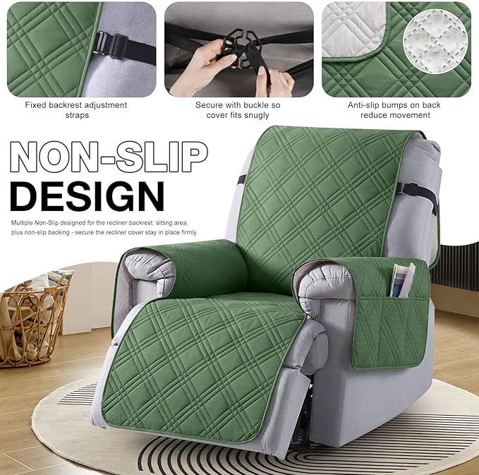 TAOCOCO 100% Waterproof Recliner Chair Cover, Non Slip Recliner Covers for Reclining Chair with Pocket, Washable Reclining Chair Cover Furniture Protector for Kids, Pets(Recliner Chair, Vine Green)
