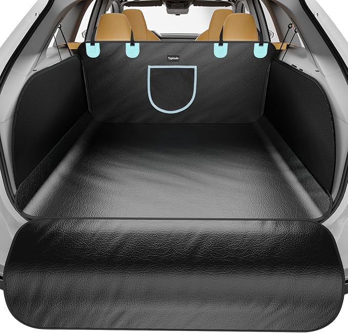 SUV Cargo Liner for Dogs with PU Leather, Waterproof Pet Trunk Cover with Taller Side Panels, Dog Seat Mat for SUVs Vans with Bumper Flap Protector, Non-Slip, Large Size Universal Fit, Black