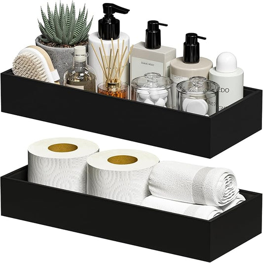 Greatseas Kitchen Drawer Organizer Bins, Stackable Bamboo Drawer Organizer for Silverware, 2 Pcs Toilet Paper Basket Holder, Wood Bathroom Tray Countertop, Toilet Tank Tray Black 15" x 6" x 2.5"