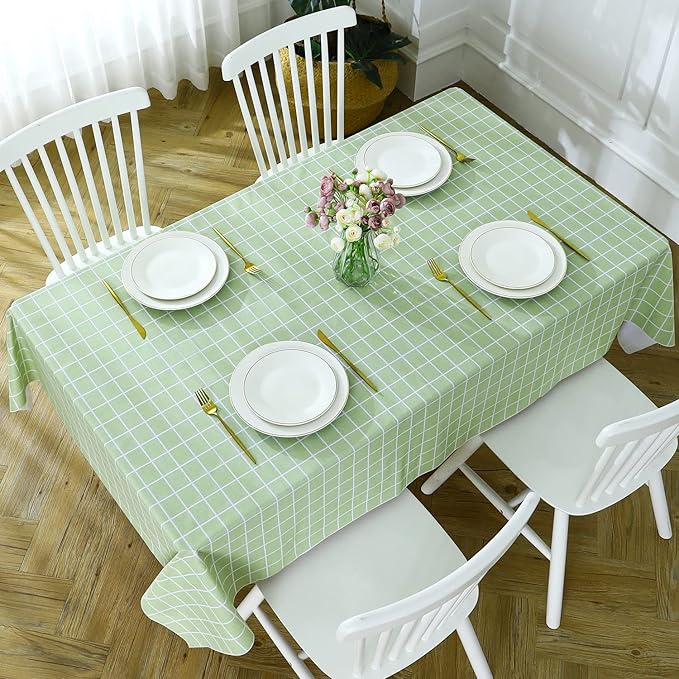 Romanstile Rectangle Vinyl Tablecloth, 100% Waterproof Oil-Proof Checkered Plastic Table Cloth, Heavy Duty Wipeable Table Covers for Dining, Camping, Picnic, Outdoor - 60 x 102 Inch, Green