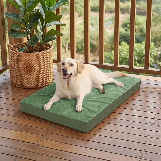 Outdoor Waterproof Dog Beds Large Sized Dog Washable, XL Leather Crate Pad 42 inch, Extra Large Orthopedic Foam Pet Bed with Removable Cover Reversible, Anti-Slip Kennel Pad, 41"x27", Green