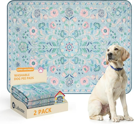 Lahome Washable Reusable Pee Pads for Dogs - Blue Botanical Floral 2 Pack Puppy Pads, Super Absorbent & Waterproof Dog Training Mats for Potty & Crate - Leakproof with Non-Slip Backing (36"x48")