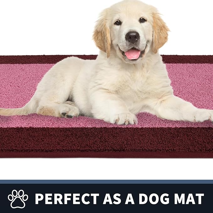 PURRUGS Dirt Trapping Door Mat 24" x 60", Non-Slip Machine Washable Entry Rug, Entrance Mat, Indoor Front Door Mat, Super Absorbent Entryway Rug for Muddy Shoes & Paws, Pink & Burgundy Red