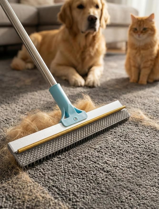 Carpet Rake for Pet Hair Removal: DELOMO Carpet Scraper Broom with 54” Adjustable Long Handle, Dual-Sided, Metal + Short Silicone for Carpets & Rugs, Extended Silicone for Shag Rugs & Hard Floors