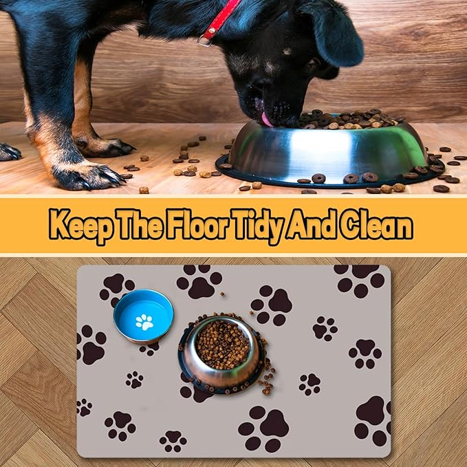 18"×30" Dog Food Mat-Absorbent Dog Mat for Food and Water, No Stains Quick Dry Cat Food Bowl Mat with Footprints for Messy Drinkers,Brown