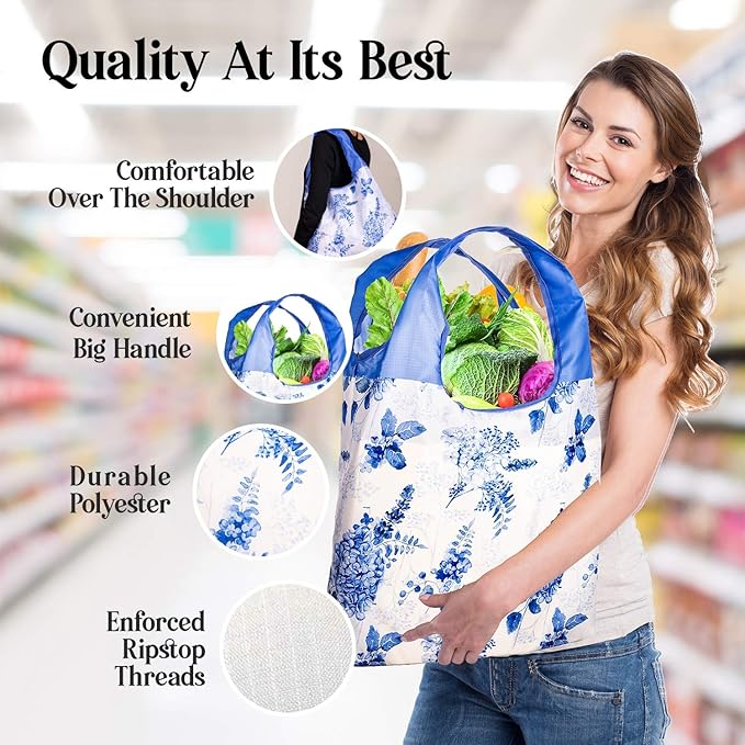 O-WITZ Reusable Grocery Bags | Vibrant Tote Bag For Groceries, Gym, Office, Beach & More | Washable Design With Large Handles For Maximum Convenience | Folds Into A Small Pouch, 5 Pack, Vintage Vibes