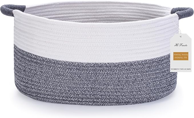 Large Rope Basket with Handles, Large Bohe Storage Basket,Laundry Basket, Home Decor Organizer for Towels,toys, Books & Magazines (White & Dark Gray, L (20 "L x 14" W x 12 "H))