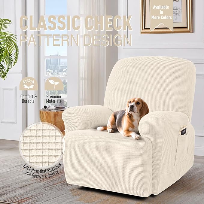 TAOCOCO Recliner Cover 4-Pieces, Recliner Stretch Sofa Slipcover, Recliner Cover 1 Seat, Couch Protector Soft, Furniture Protector Covers with Elastic,Chair Covers Jacquard Pattern (Beige)