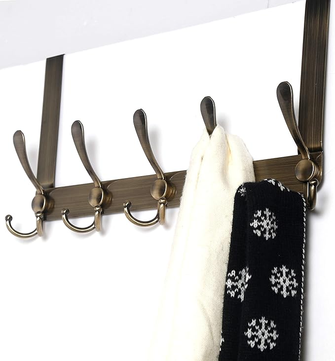 Dseap Over The Door Hook Hanger - Fits 1 3/8" to 1 3/4" Standard Doors | 5 Tri Hooks Heavy Duty Towel/Coat Rack | Door Organizer for Clothes, Jackets, Hats, Towels, Bronze, Pack of 2