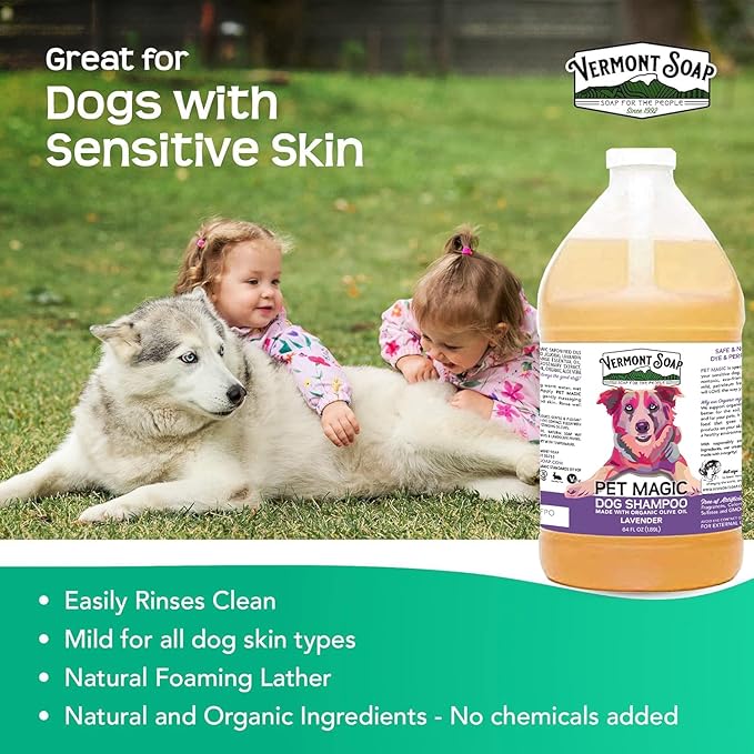 VERMONT SOAP Organics Pet Shampoo - Infused with Organic & Natural Olive Oil, Coconut & Aloe Vera Dog Shampoo for Sensitive Skin - USDA Certified Grooming, Lavender (64oz)