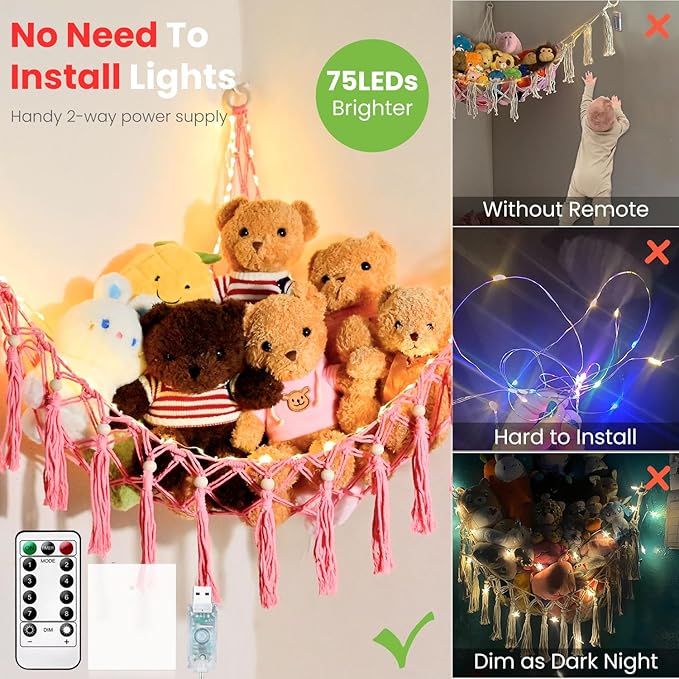 Stuffed Animal Hammock, 55in Storage Macrame Hammock with 75LEDs, Hanging Net for Kids Bedroom Doll Room Corner Organizer, USB Powered Plush Animal with Remote (Hot Pink, XL)