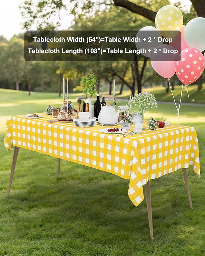 Smiry 8 Packs Gingham Disposable Table Cloth, 54 x 108 Inch Waterproof Plastic Tablecloth, Rectangle Yellow and White Checkered Table Covers for Picnic, Birthday, Party