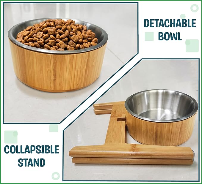 Elevated Dog Bowls for Large Breed - (15-Inch High) Raised Bamboo Holder with Stainless Dish - Suitable for Dry and Wet Pet Food - Tall Stand, Deter Ants/Bugs