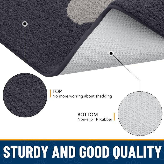 Smiry Dog Door Mat for Muddy Paws, Absorbs Moisture and Dirt, Low-Profile Entryway Mat with Non-Slip Backing, Entry Indoor Outdoor Doormat for Inside Floor (30x20 Inches, Dark Grey, Paw)