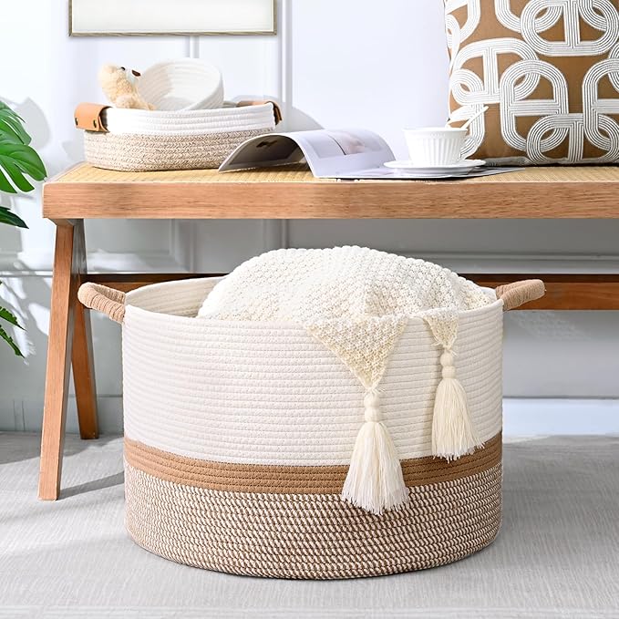 45L Blanket Basket, 17.5"x11.5" Woven Storage Baskets With Handle, Cotton Rope Blanket Basket Living Room, Baby Laundry Basket for Blanket, Nursery, Toy, Pillow (White & Brown)