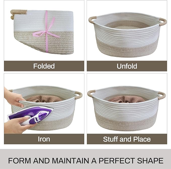 Large Cotton Rope Storage Basket with Handles, Hamper, Laundry Basket, 20 "L x 14" W x 12 "H, Home Decor for Storage Blanket &Toy, etc .(White & Light Khaki)