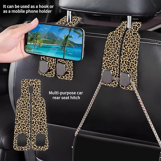 AEWNUNK Purse Hook for Car Abstract Brown Leopard 1 Pack Headrest Back Seat Hook Premium Leather Double Metal Hanger Storage Pack Bag Purse Holder Car Accessories