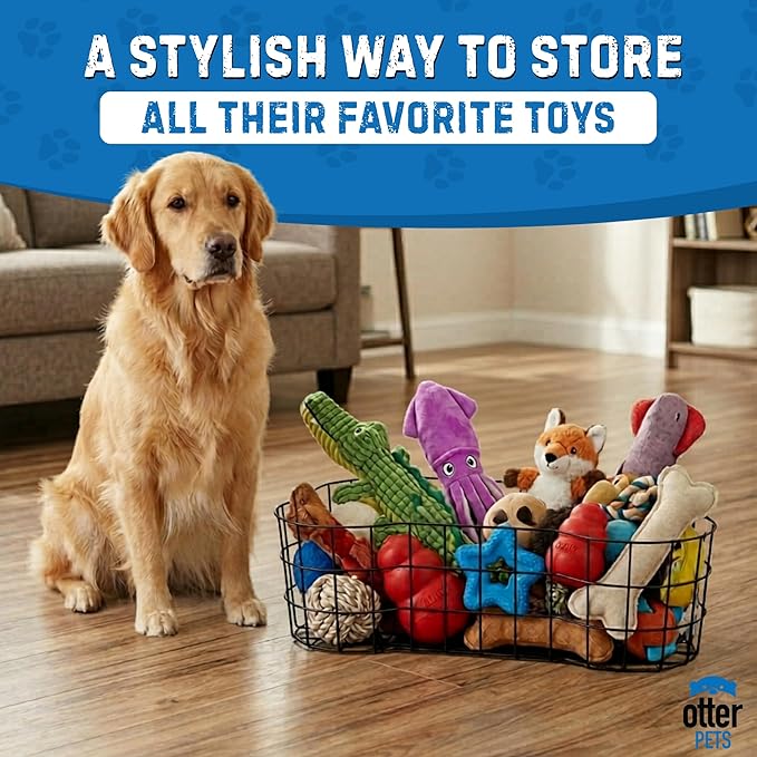 OtterPets Metal Dog Toy Basket, Bone Shaped Indestructible Dog Toy Bin, Sturdy Storage Organizer (Large (23"x15"))