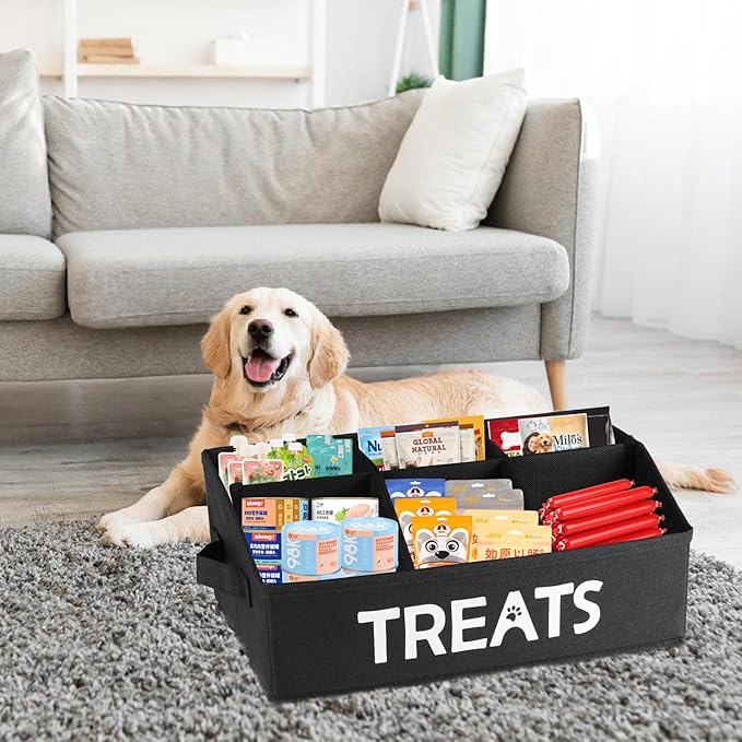 Collapsible Dog Treat Container Bin, Fabric Storage Box with 6 Compartments, Black