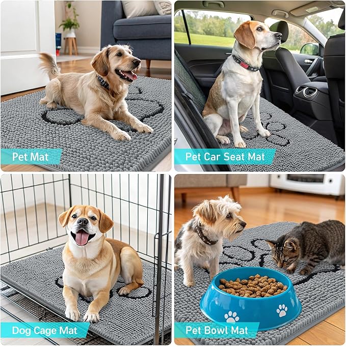 OLANLY Dog Door Mat for Muddy Paws 59x32, Paw Print Design, Absorbs Moisture and Dirt, Absorbent Non-Slip Washable Doormat, Quick Dry Chenille Mud Mat for Dogs, Entry Indoor Entryway Carpet, Grey