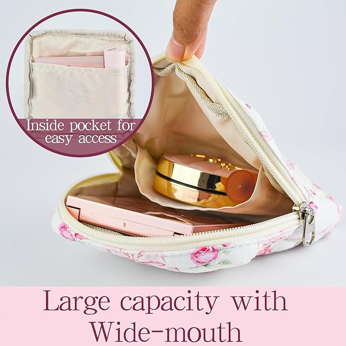 Small Floral Quilted Makeup Bag, Coquette Aesthetic Travel Toiletry Organizer for Women, Lightweight Cotton Cosmetic Pouch