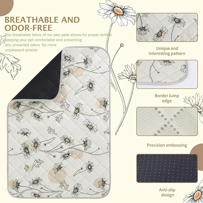 IEUUMLER Washable Pee Pads for Dogs, 2 Pack Non-Slip & Waterproof Pack Whelping Pad, Reusable Washable Puppy Potty Training Pad with Fast Absorbent for Playpen EU007 (Beige Daisy, 24"X48"-2pcs)