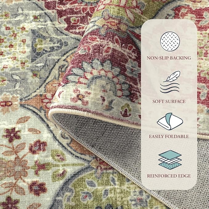 Lahome Moroccan Trellis Washable Round Area Rug, Round Rug 5ft Soft Non-Slip, Non-Shedding Distressed Circle Carpet for Bedroom Living Room Bathroom Nursery Elise, Orange/Terracotta