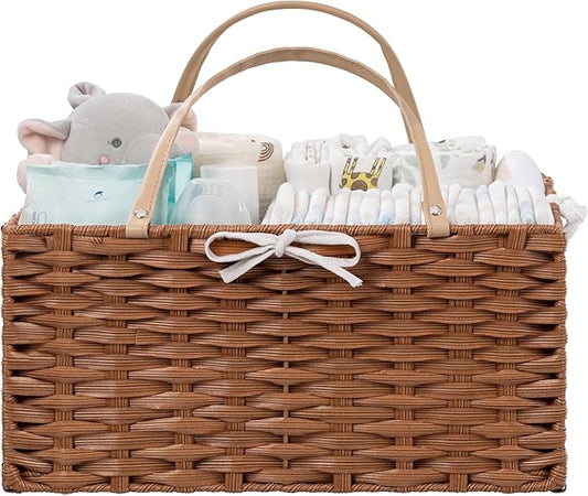 HBlife Large Diaper Caddy Organizer, Washable Waterproof, Portable Plastic Wicker Woven Basket with Divider, Nursery Diaper Station, Baby Shower Gifts Basket & Car Organizer
