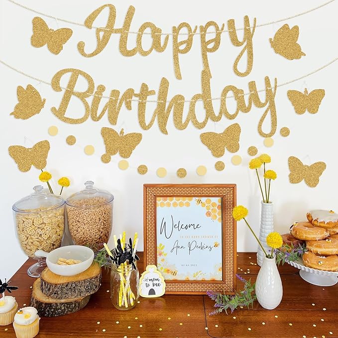 Pre-Strung Happy Birthday Banner, Gold Birthday Decorations with Butterflies and Circle Dot Garland, NO DIY Butterfly Party Decorations for Women Girls