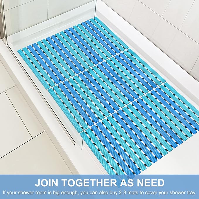 Yolife Quick Drain Shower Mat, 24.8 x 15.8 inch Power Grip Shower Mat Non Slip, Raised Non Slip Shower Mats for Inside Shower, Heavy Duty Curlable Stand up Shower Floor Mat,Blue