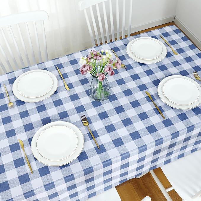 Romanstile Gingham Square Plastic Tablecloth, 100% Waterproof Checkered PVC Table Cloth, Heavy Duty Vinyl Table Cover for Dining, Camping, Picnic, Outdoor - 54 x 54 Inch, Light Blue and White